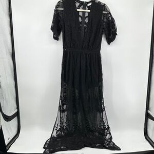 Boho Edge Feminine Romantic Vampire Mob Boss Black Sheer Lace Maxi Dress SzM